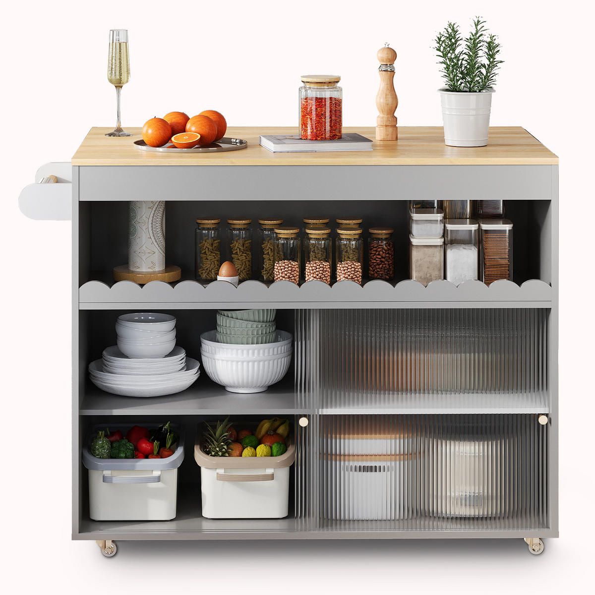 KÜCHENINSEL 122 cm MDF Grau mit Eichenoptik Platte und Glasschiebetüren - Grau, Holzwerkstoff (46/91/122cm) - Korfee