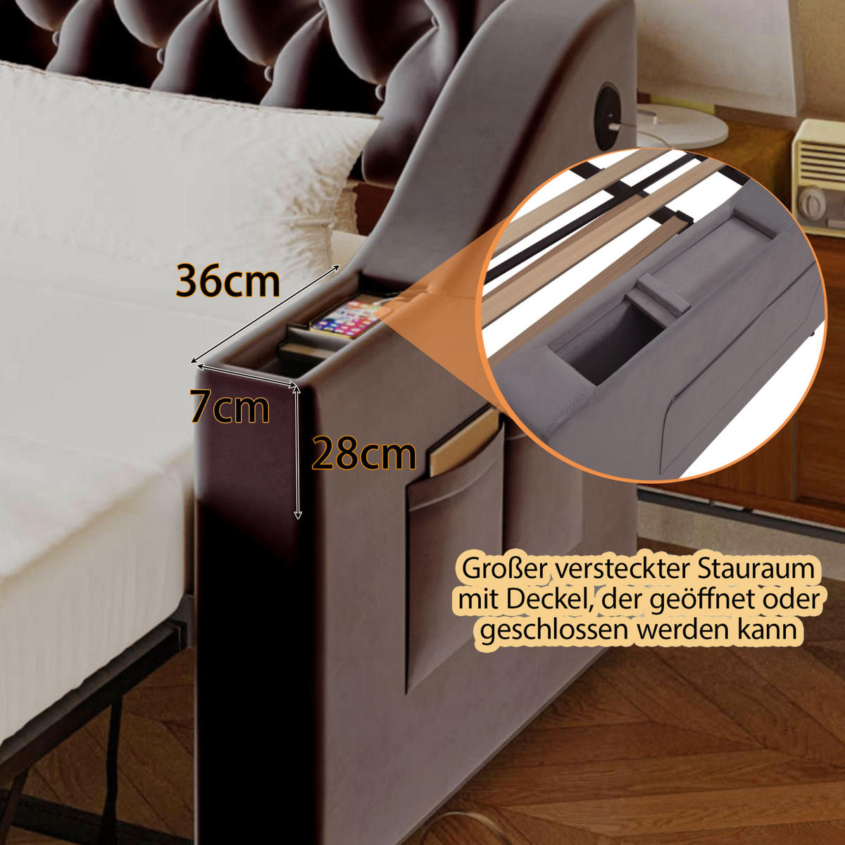 POLSTERBETT 90/180x190 cm aus Samt in Dunkelgrau mit USB- und Type-C-Anschlüssen - Dunkelgrau, Textil (90/190cm) - Flora Grace