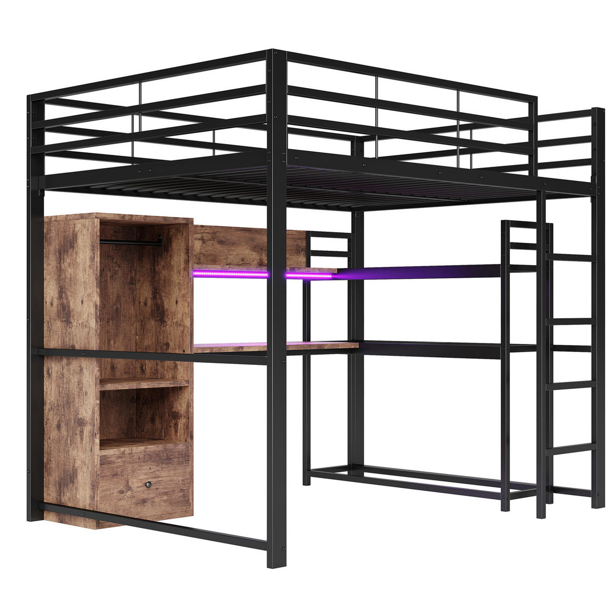 HOCHBETT aus Metall und MDF 140x200 cm Schwarz mit LED-Beleuchtung, Schreibtisch, Regal und Schublade - Schwarz, Holzwerkstoff (90/200cm) - Modfu