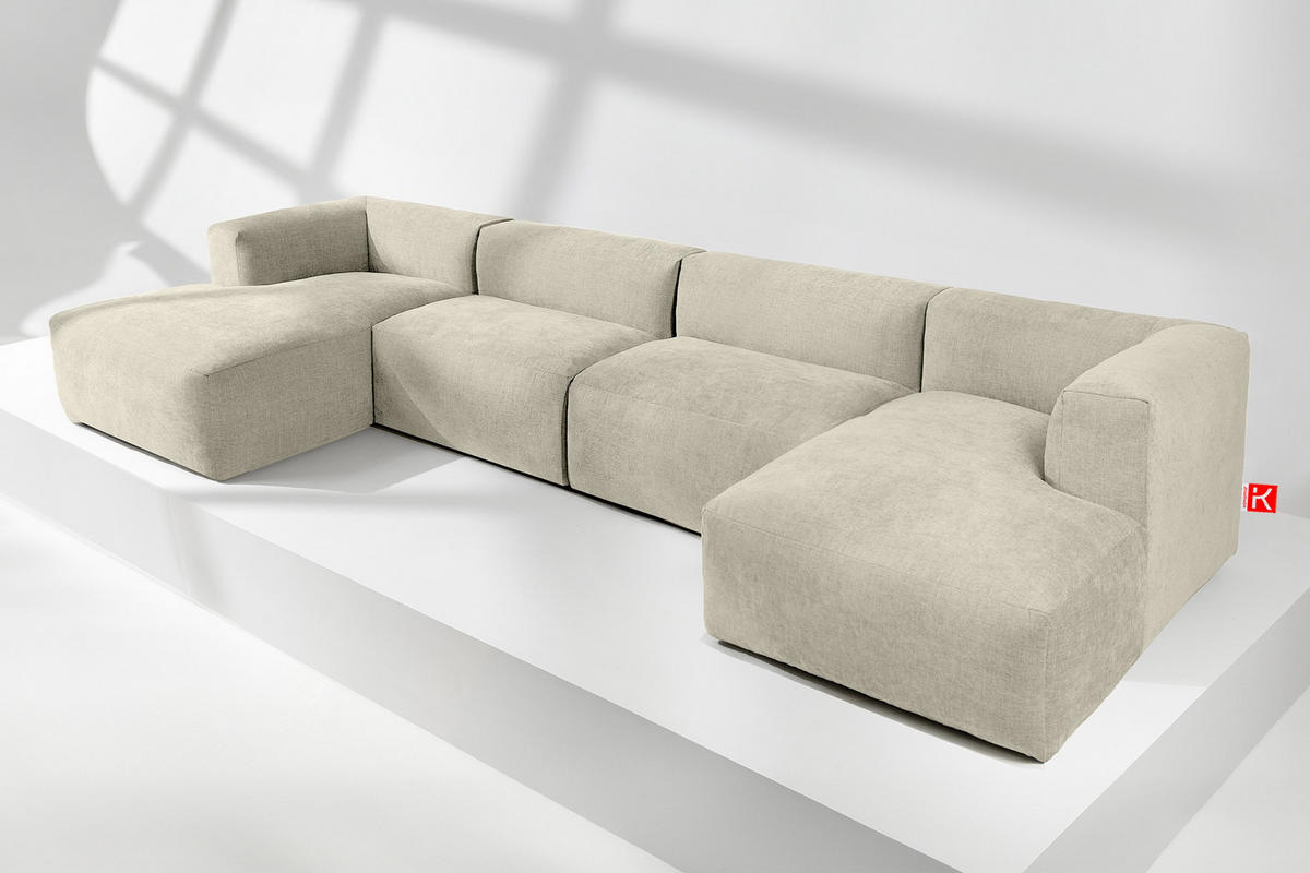 PANORAMA-ECKSOFA BUFFO 7/8 Sitzer mit extrem weicher Sitzfläche, Gewebestoff, ecru - Ecru, Textil (424/73/180cm) - KONSIMO®