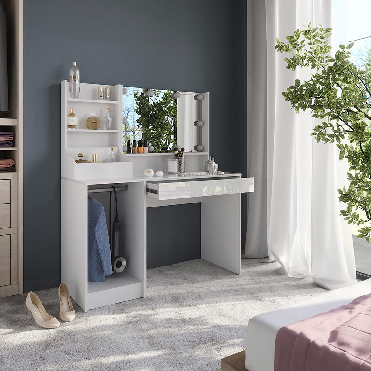 SCHMINKTISCH Sherry Weiß/Weiß Hochglanz 119.8 cm 4 Teile - Weiß Hochglanz, Holzwerkstoff (119.8/76/50.1cm) - Vicco