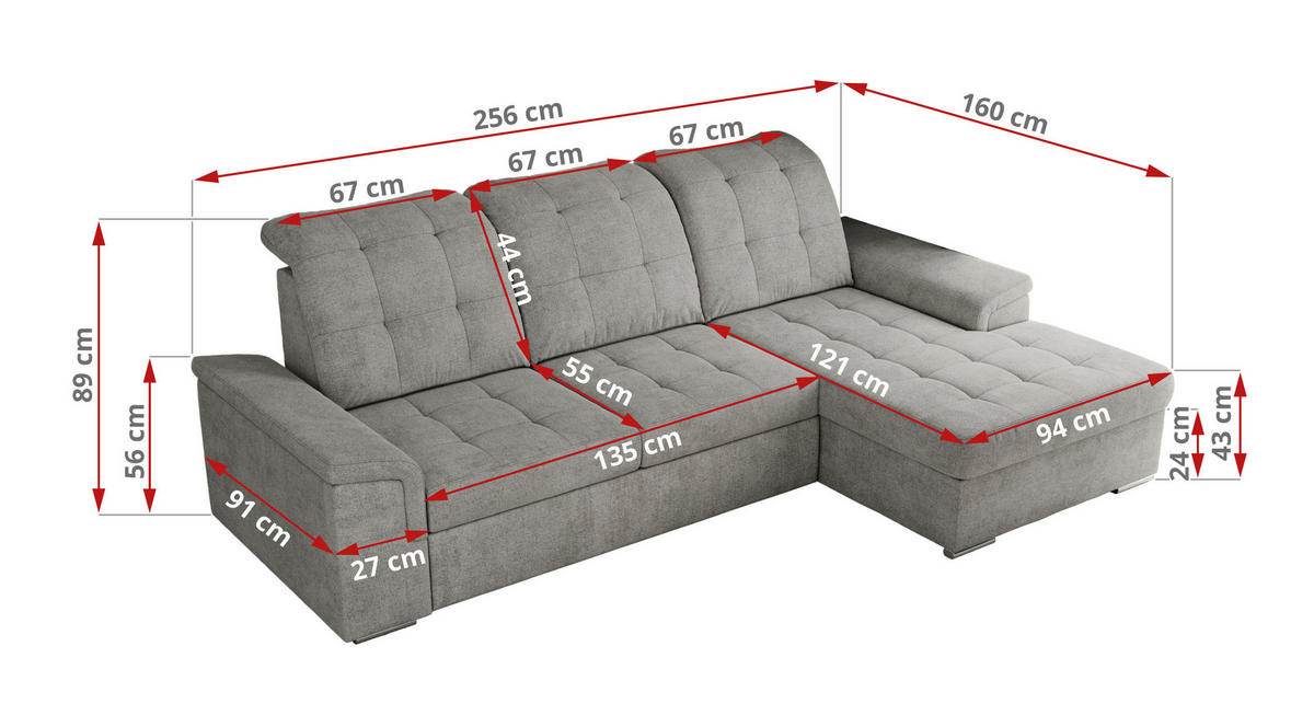 ECKSOFA MADRITO L - Hellgrau Struktur - Links - Silberfarben/Hellgrau, Textil/Metall (160/256cm)