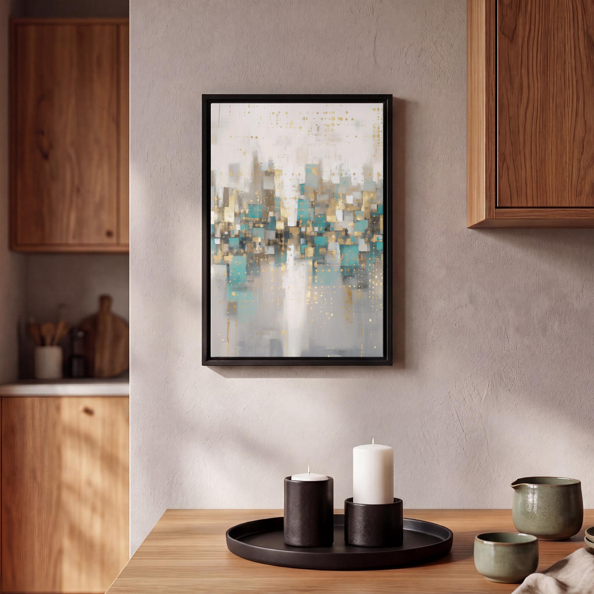 LEINWAND Bilder mit Rahmen - Abstrakt - Blöcke - Gold - Skyline - 20x30 - Beige, Textil (20/30cm) - MuchoWow