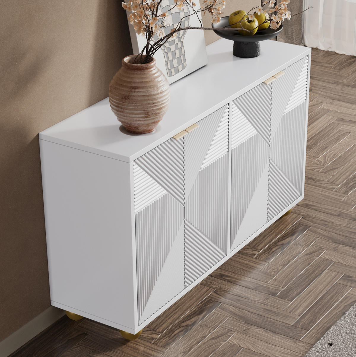 SIDEBOARD 120/35/71,5 cm in Weiß mit 4 Türen und gravierten Fronten - Weiß, Holzwerkstoff (120/71.5/35cm) - BEAOK