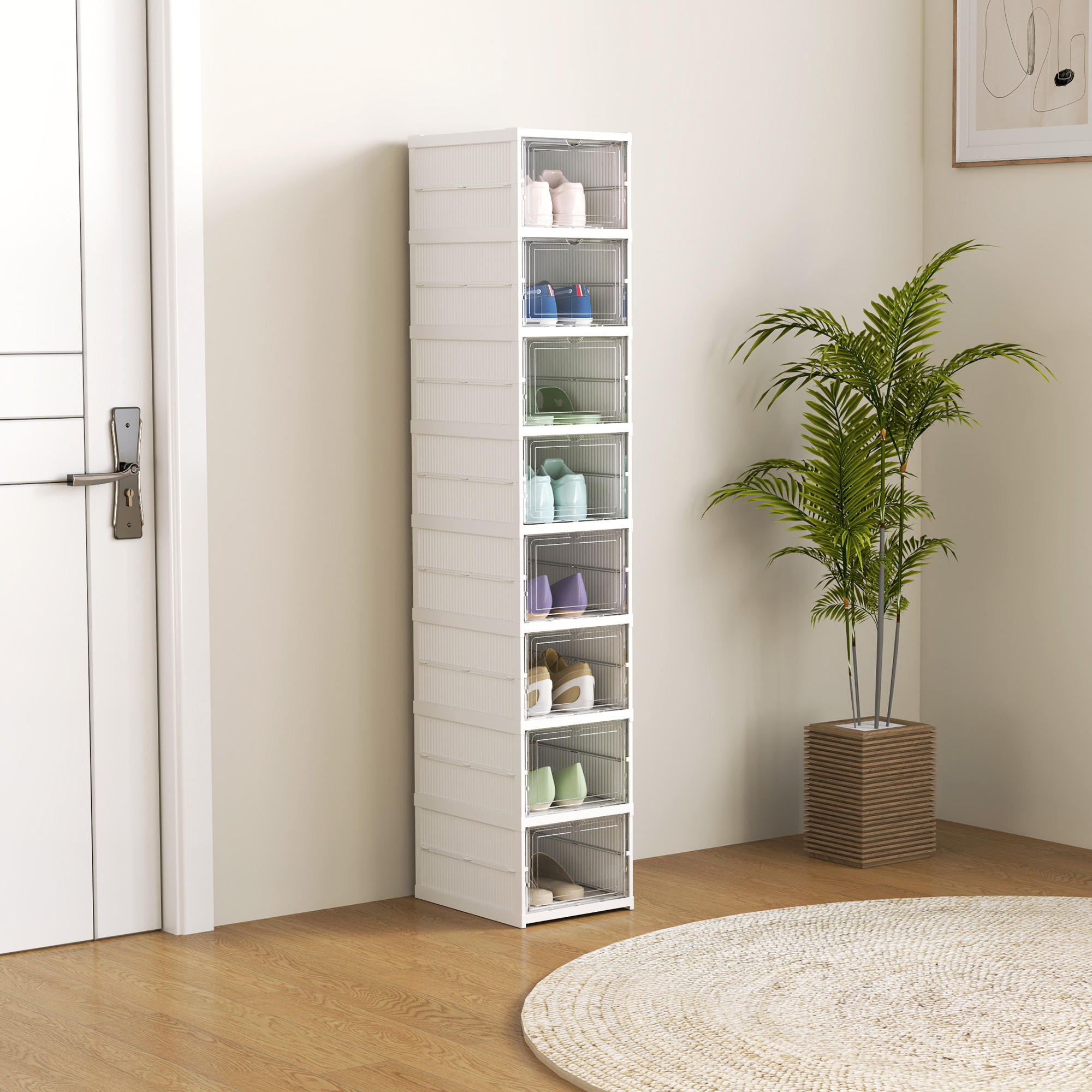 SCHUHBOXEN Stapelbare, Faltbar 8 Stück Schuh-Organizer mit Transparenten Türen - Weiß, Kunststoff (26/140/35cm) - HOMCOM