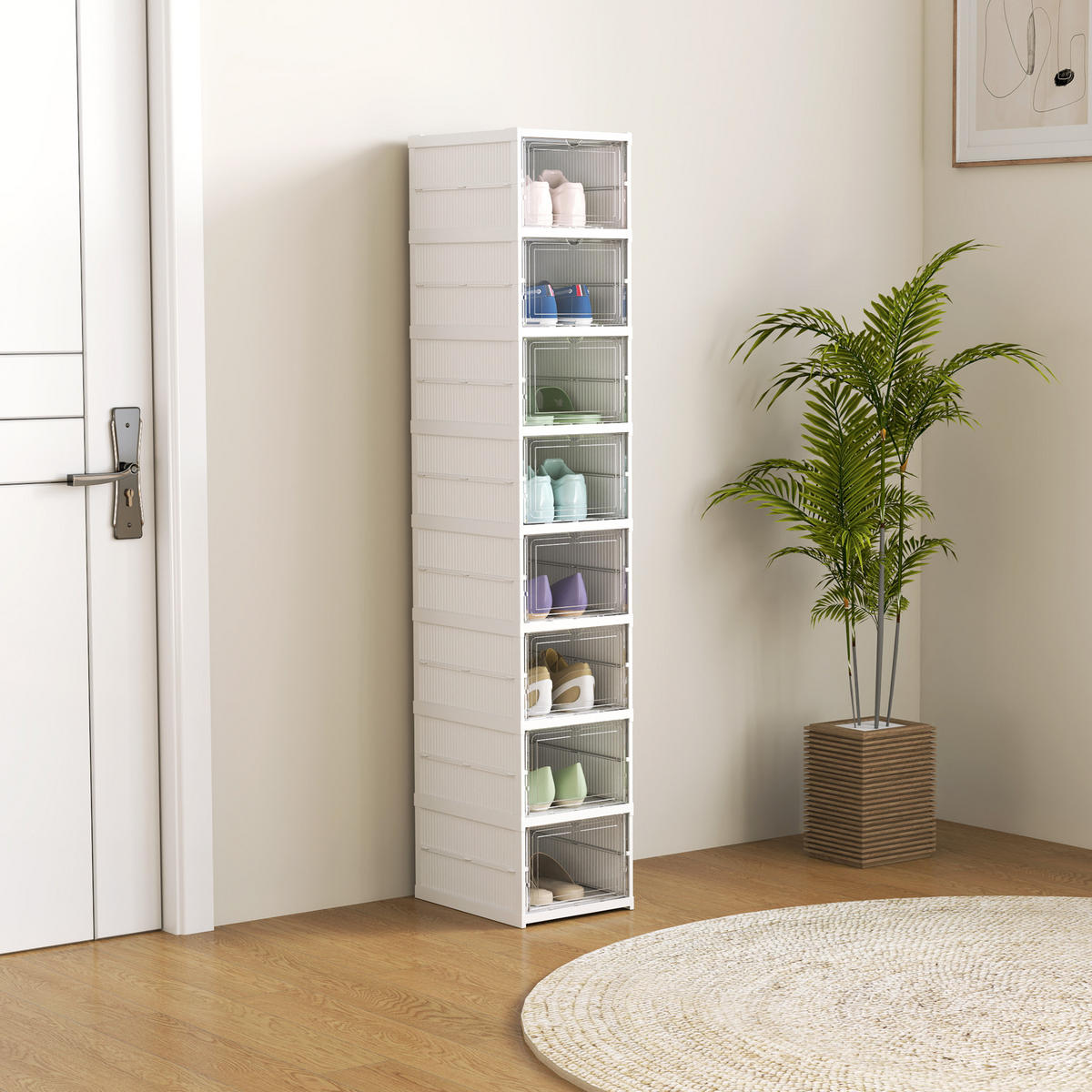 SCHUHBOXEN Stapelbare, Faltbar 8 Stück Schuh-Organizer mit Transparenten Türen - Weiß, Kunststoff (26/140/35cm) - HOMCOM