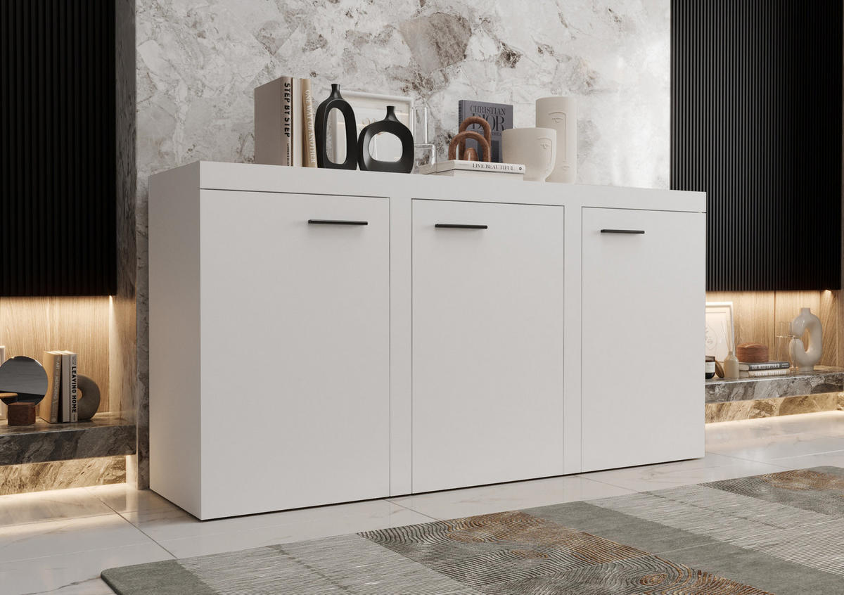 KOMMODE London LRXK mit 3 Türen, Sideboard in Farbe: Weiß, Größe: 149 x 82 x 40 cm - Weiß, Holzwerkstoff (149/82/40cm) - O-Sofa