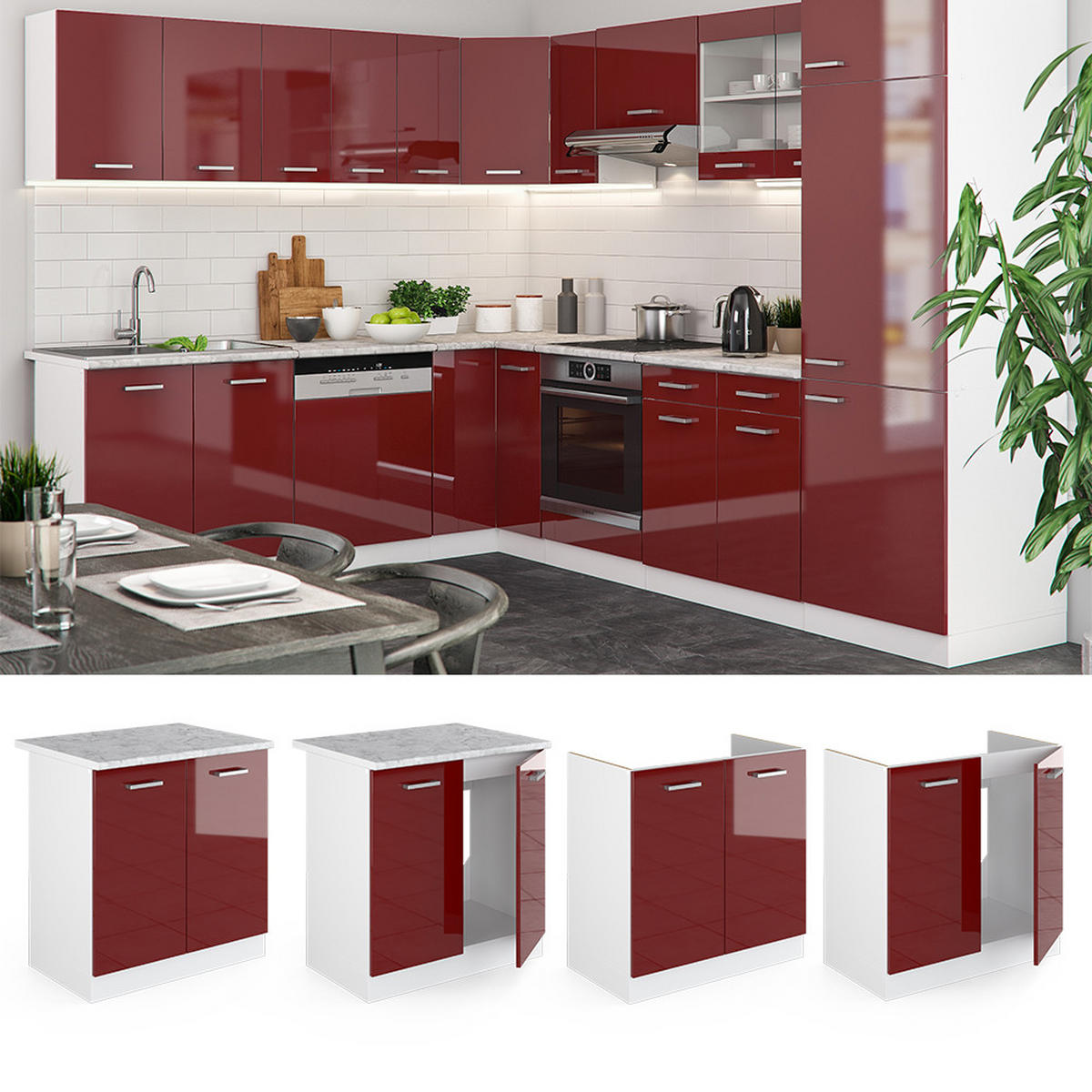 SPÜLENUNTERSCHRANK R-Line Rot Hochglanz 80 cm , AP Anthrazit - Bordeaux/Rot, Holzwerkstoff (80/81.6/60cm) - Vicco