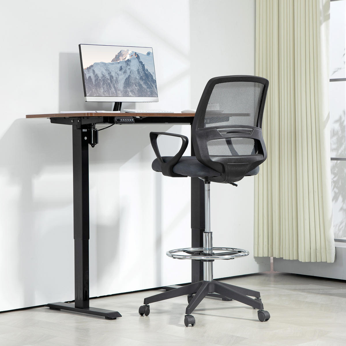 BÜROSTUHL DE-05184 Mit Armlehnen, Fußring & Netzbespannung Grau - Grau, Kunststoff (66/120/68cm) - ComfortXL
