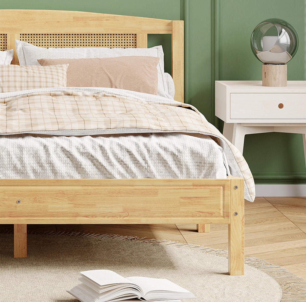DOPPELBETT 160/200 cm Natur Rattanbett mit stabilen Mittelfüßen aus Kiefer - Naturfarben, Holzwerkstoff (160/200cm) - OKWISH