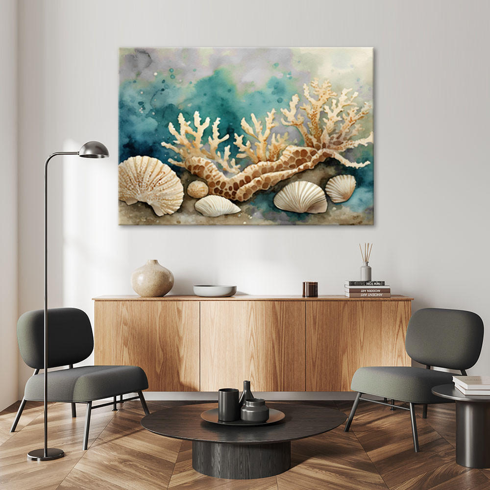 LEINWANDBILD Seemuscheln und Seesterne türkis - Grün, Textil (60/40cm) - Feeby
