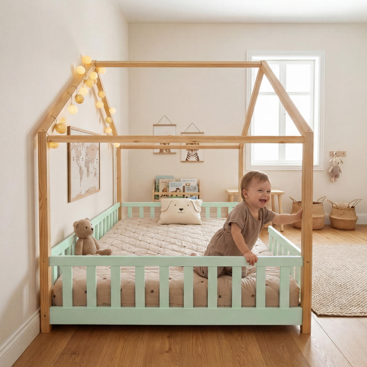 HAUSBETT Treviolo - Naturfarben/Mintgrün, Holz (140/200cm) - [en.casa]