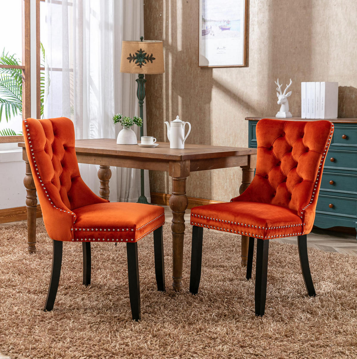 STUHL mit hoher Rückenlehne Samt Orange 2er-Set - Orange, Holz (50/95/65cm) - Meubliv