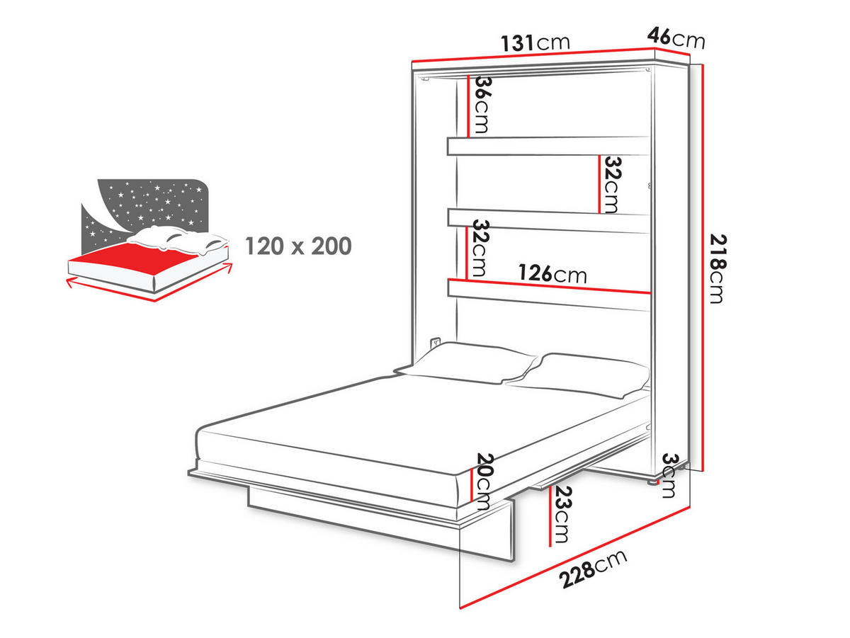 SCHRANKBETT Bed-Concept BC-02 120x200 mit zwei LED-Lampe - Weiß Hochglanz/Grau, Holz/Holzwerkstoff (120/200cm) - MIRJAN24