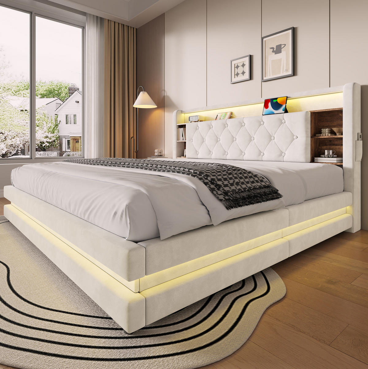 POLSTERBETT 180x200 cm in Beige mit LED-Beleuchtung, Bettkasten und USB-Anschlüssen - Beige, Textil (180/200cm) - IVMEU