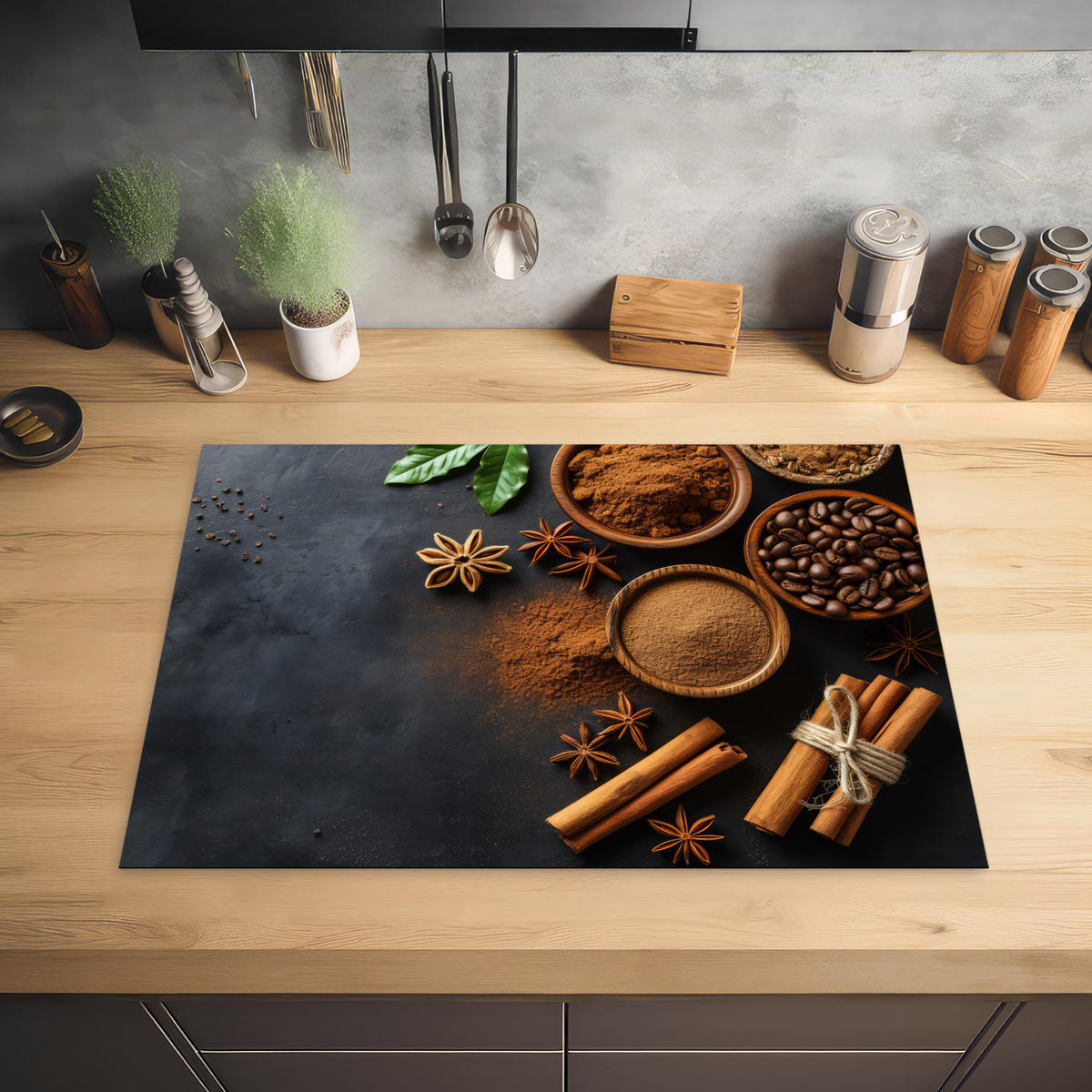 HERDABDECKPLATTE Zimt - Beton - Kaffee - Zimtstangen - Gewürze 75x52 cm - Mokka, Kunststoff (75/0.2/52cm) - MuchoWow