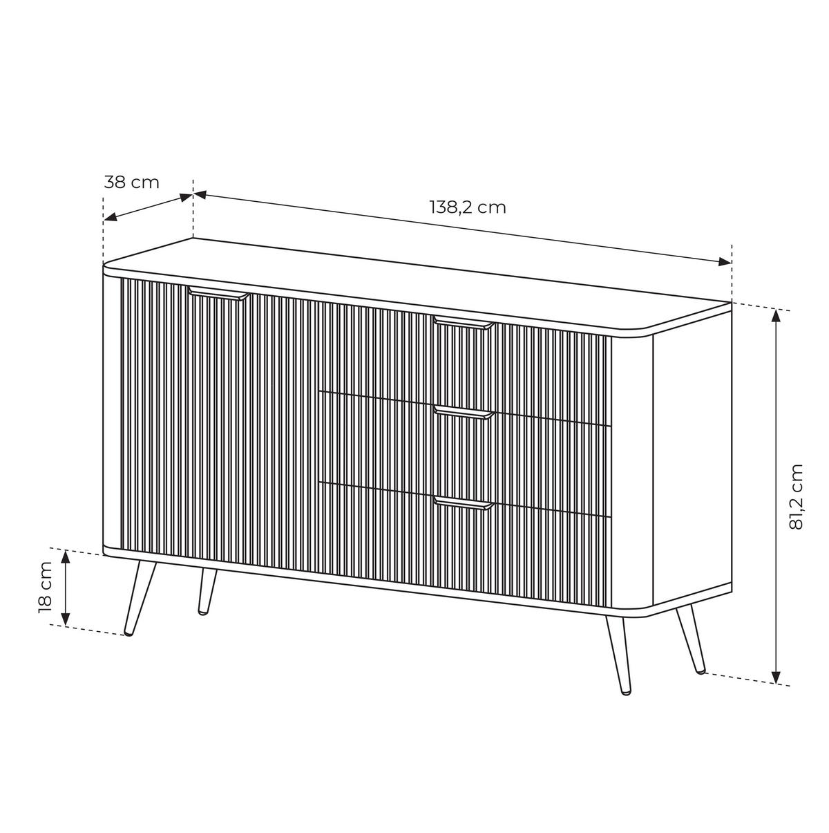 SIDEBOARD Vespasia 1T 3S Schwarz 138,2/81,2/38 cm – Geriffelten Fronten - Schwarz, Holzwerkstoff/Metall (138.2/81.2/38cm) - AX Living