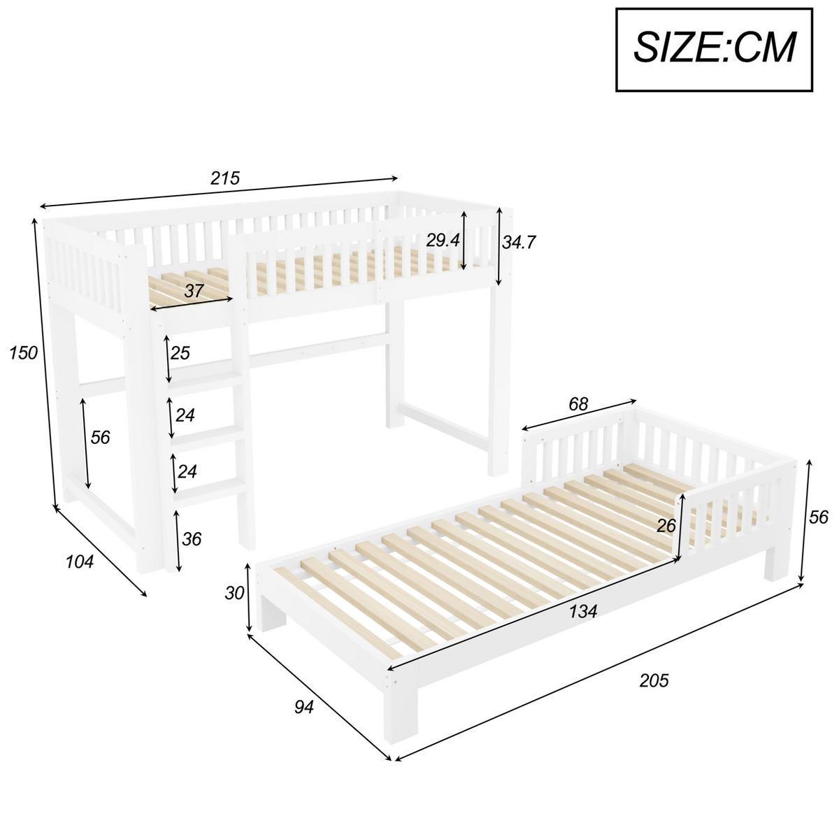 ETAGENBETT aus Kiefernholz 90x200 cm Weiß, modular als Hoch- und Einzelbett - Weiß, Holz (90/200cm) - Modfu