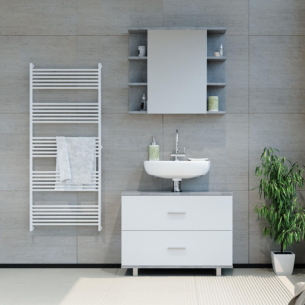WASCHBECKENUNTERSCHRANK Ilias Beton/Weiß 80 x 60.8 cm - Weiß/Grau, Holzwerkstoff (80/60.8/33cm) - Vicco