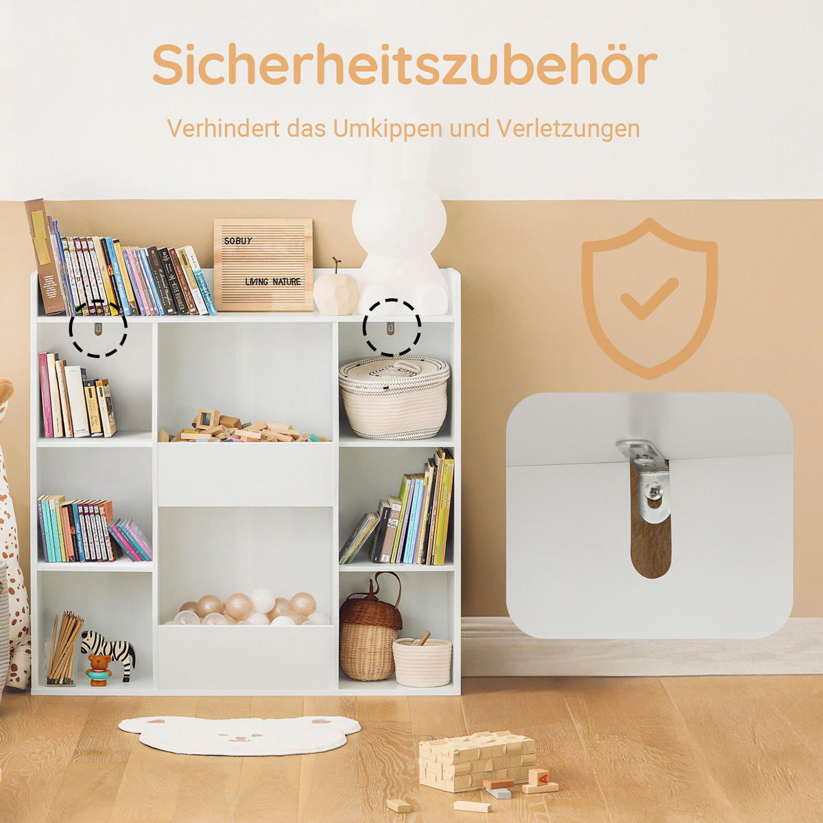 KINDERREGAL Montessori mit 8 Fächern, 106 x 104 x 30 cm, Weiß, Bücherregal, oberes Ablagefach, Kippschutz - Weiß, Holzwerkstoff (106/104/30cm) - SoBuy