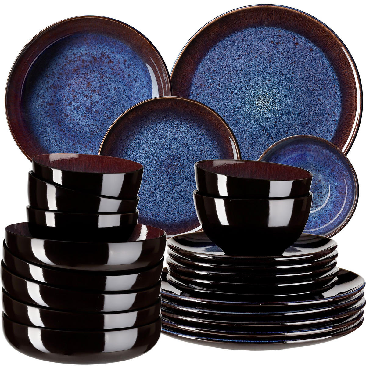 TAFELSERVICE Mare, ineinander stapelbar, blau/braun - Blau, Keramik (26.5/2.5/26.5cm) - tectake