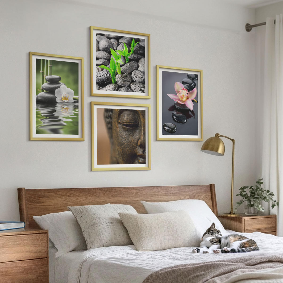 BILDER SET 4er Set - 50x50 cm & 40x60 cm Goldrahmen - Friedliche Zen-Blumen-Buddha-Komposition - Goldfarben, Kunststoff (50/50cm) - TULUP