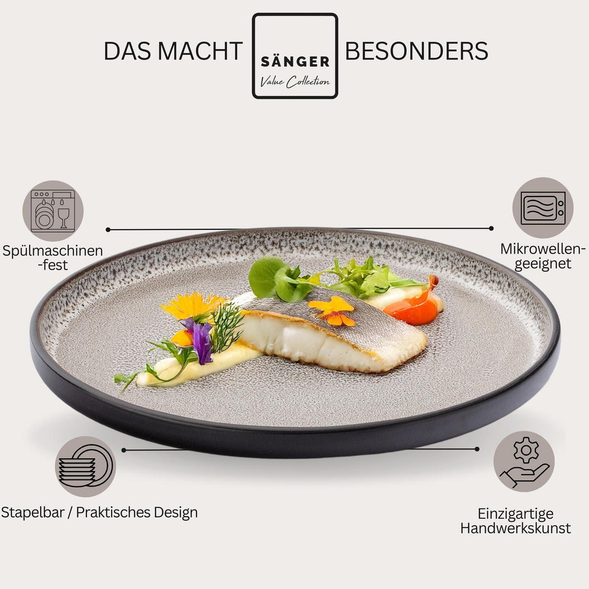 SPEISETELLER SET LUXOR - 6 teilig aus Steingut - Beige, Stein (26.5cm) - Sänger