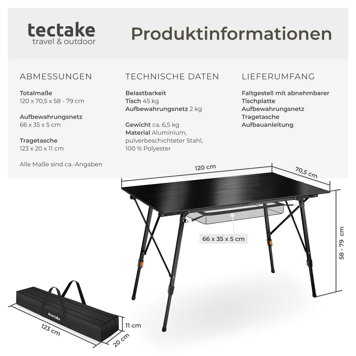 CAMPINGTISCH aus Aluminium Bastian, 120 x 70,5 x 58 – 79 cm, schwarz - Schwarz, Metall (120/70.5/79cm) - tectake