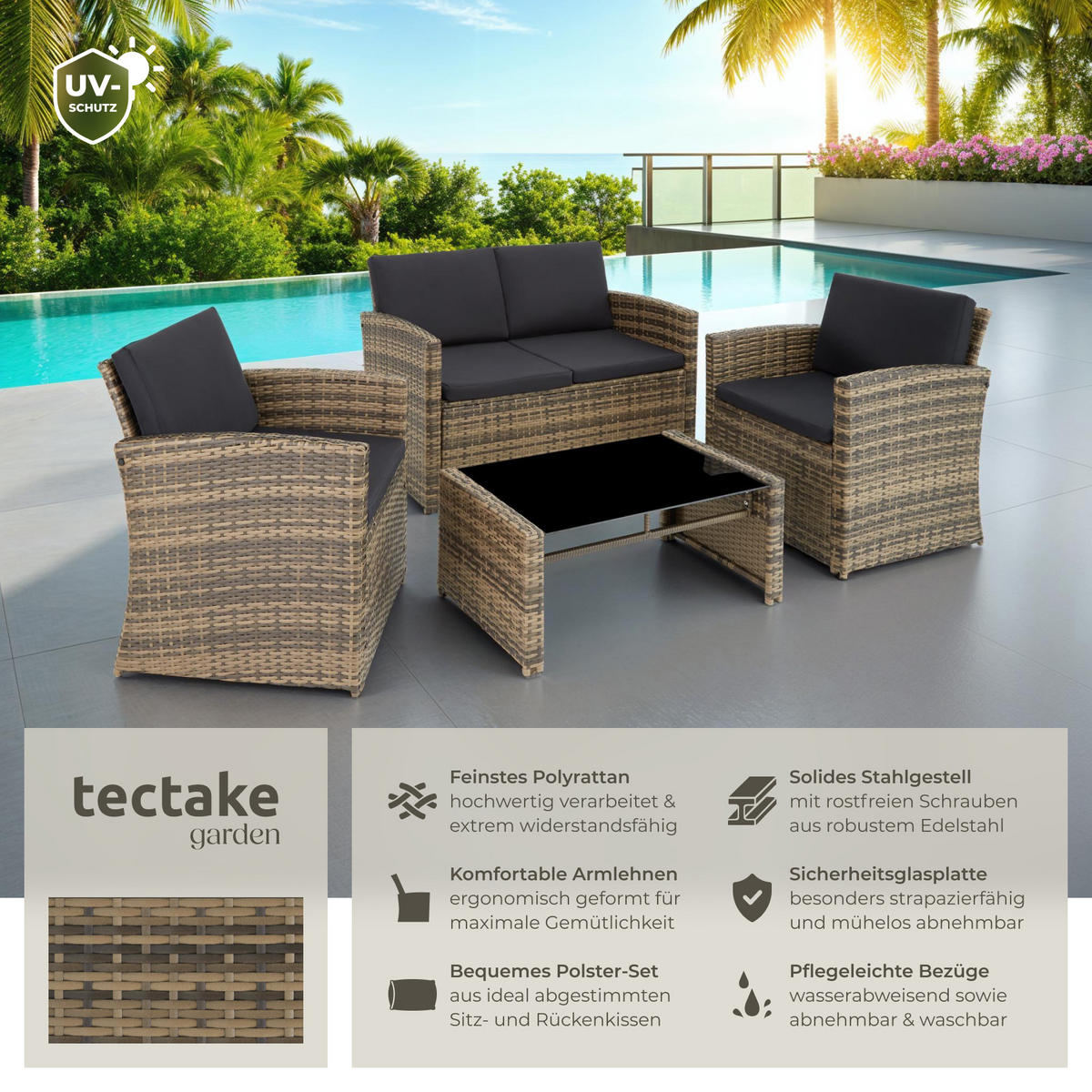 RATTANLOUNGE Jesolo,mit Sicherheitsglasplatte,natur/dunkelgrau - Naturfarben, Kunststoff - tectake