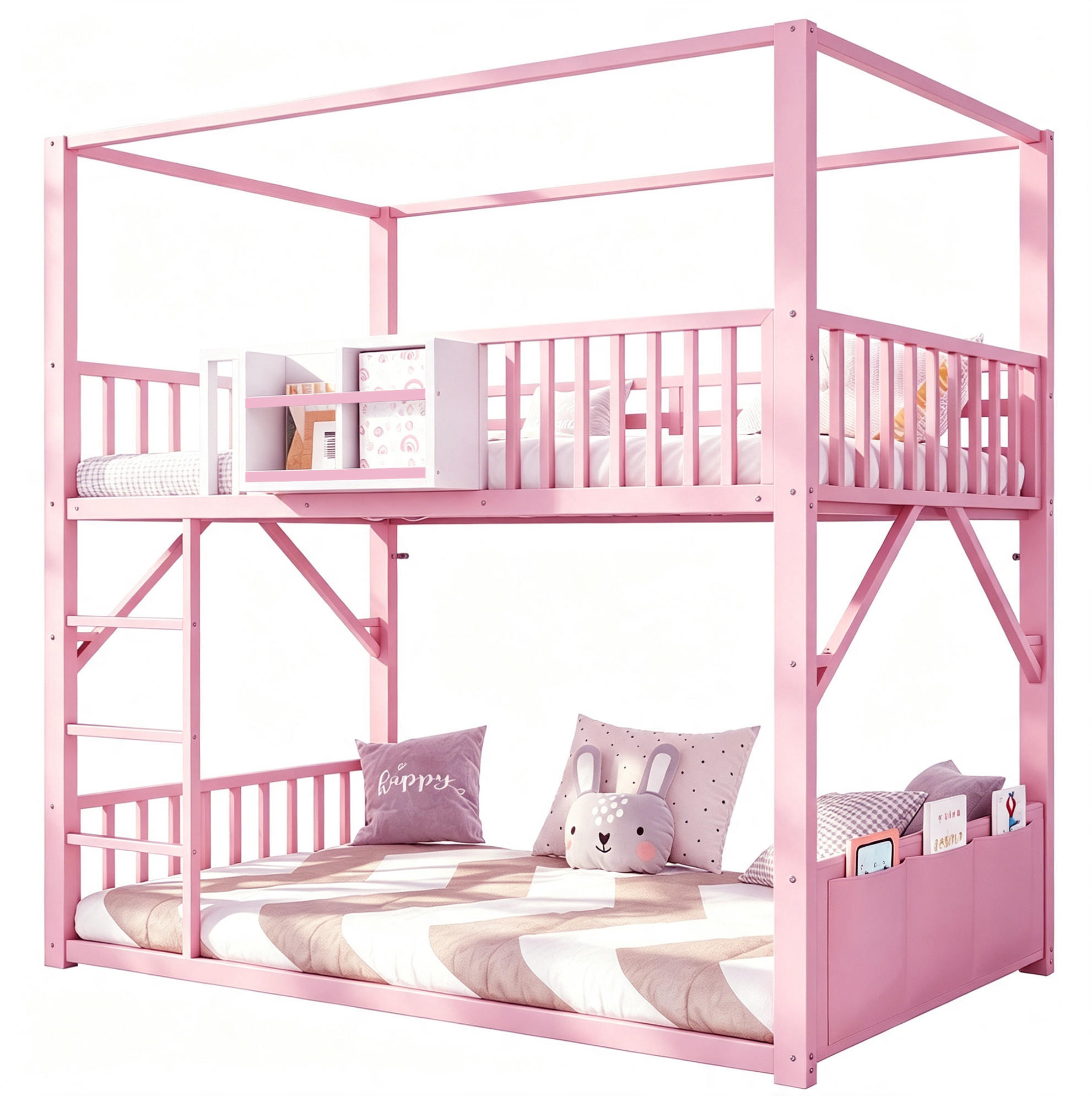 ETAGENBETT aus Metall und MDF 90x200 cm Rosa mit Dachkonstruktion, Regal und Seitentasche - Pink, Metall (90/200cm) - Modfu