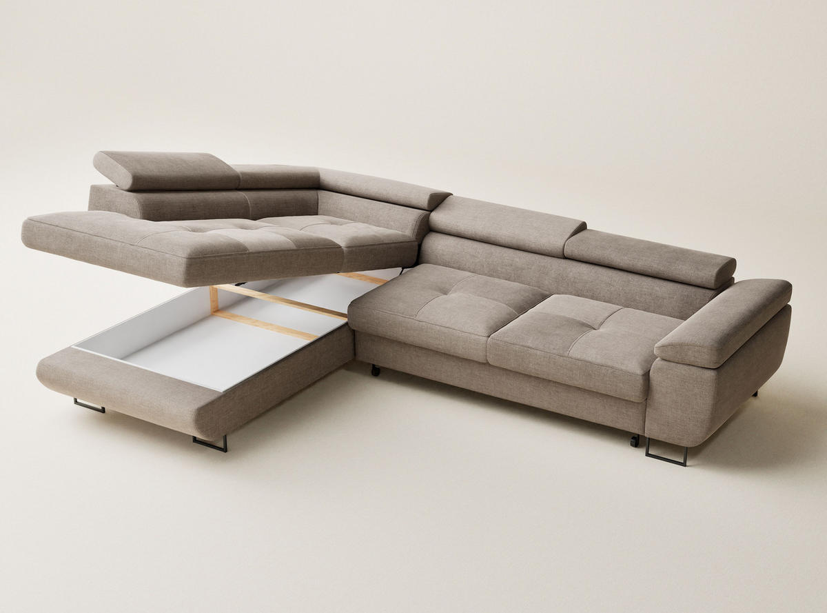 ECKSOFA Concord Grau braun Chenille-Stoff - Links Seite - Graubraun/Schwarz, Holz/Holzwerkstoff (203/277cm) - Maison de Reve