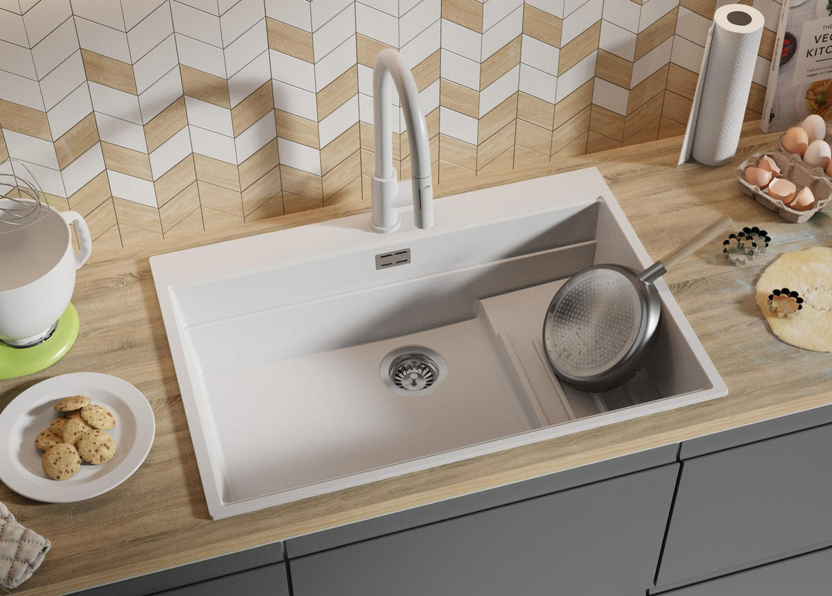 SPÜLBECKEN Oslo Max, 2-er set Weiß 78/53 cm 1 Becken + Ablauf-Set + Küchenzubehörset ab 80er Unterschrank - Chromfarben/Beige, Kunststoff (78/20/53cm) - Primagran