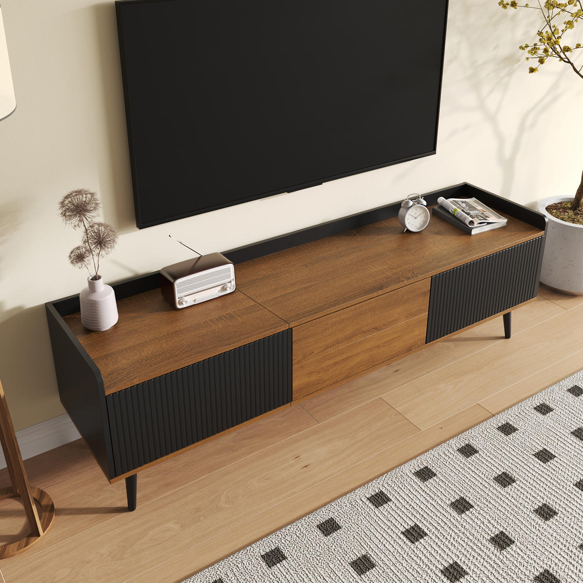 TV-ELEMENT160X39X49,5CM Schwarz-Naturfarbenholz mit 3 Türen und erhöhtem Rand - Schwarz, Holz (48.26/18.42/119.38cm) - Raelunyi