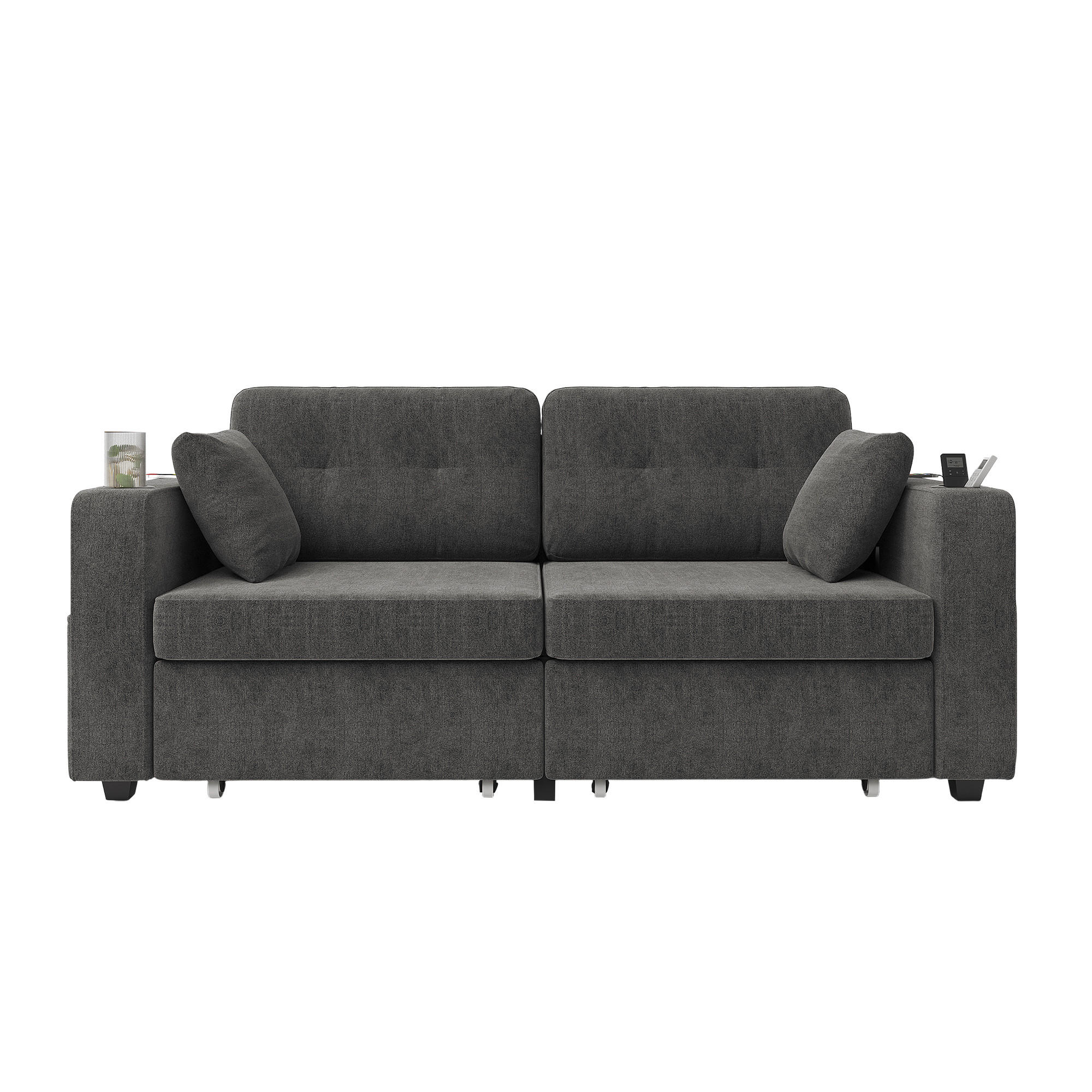 2-SITZER SOFA Chenille Grau mit USB, Schubladen und Getränkehaltern - Grau, Textil/Metall (172/82/75cm) - WISHDOR