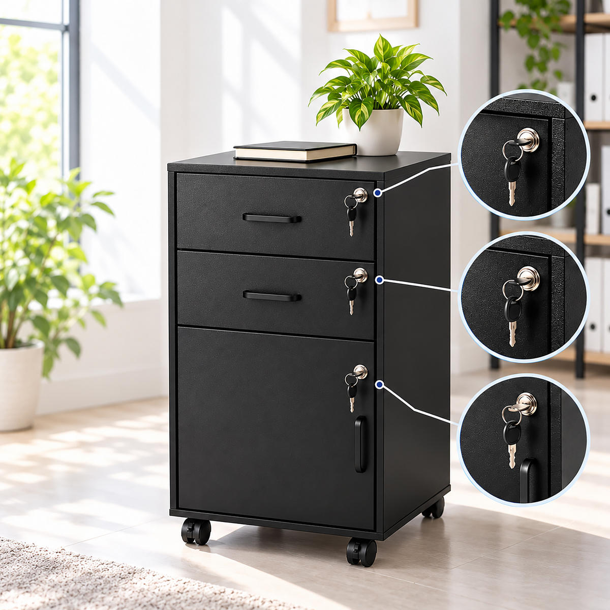 ROLLCONTAINER Schwarz abschließbar 2 Schubladen 74x40x40 cm - Schwarz, Holzwerkstoff/Metall (40/74/40cm) - Relaxdays