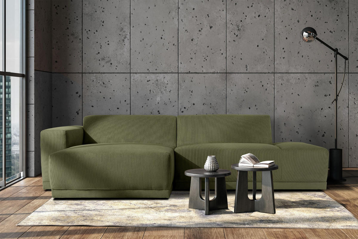 ECKSOFA-LINKS MUDI in moderner Optik mit hochwertigem Kaltschaum, Cord-Stoff, khaki - Schwarz/Grün, Textil (280/160cm) - KONSIMO®