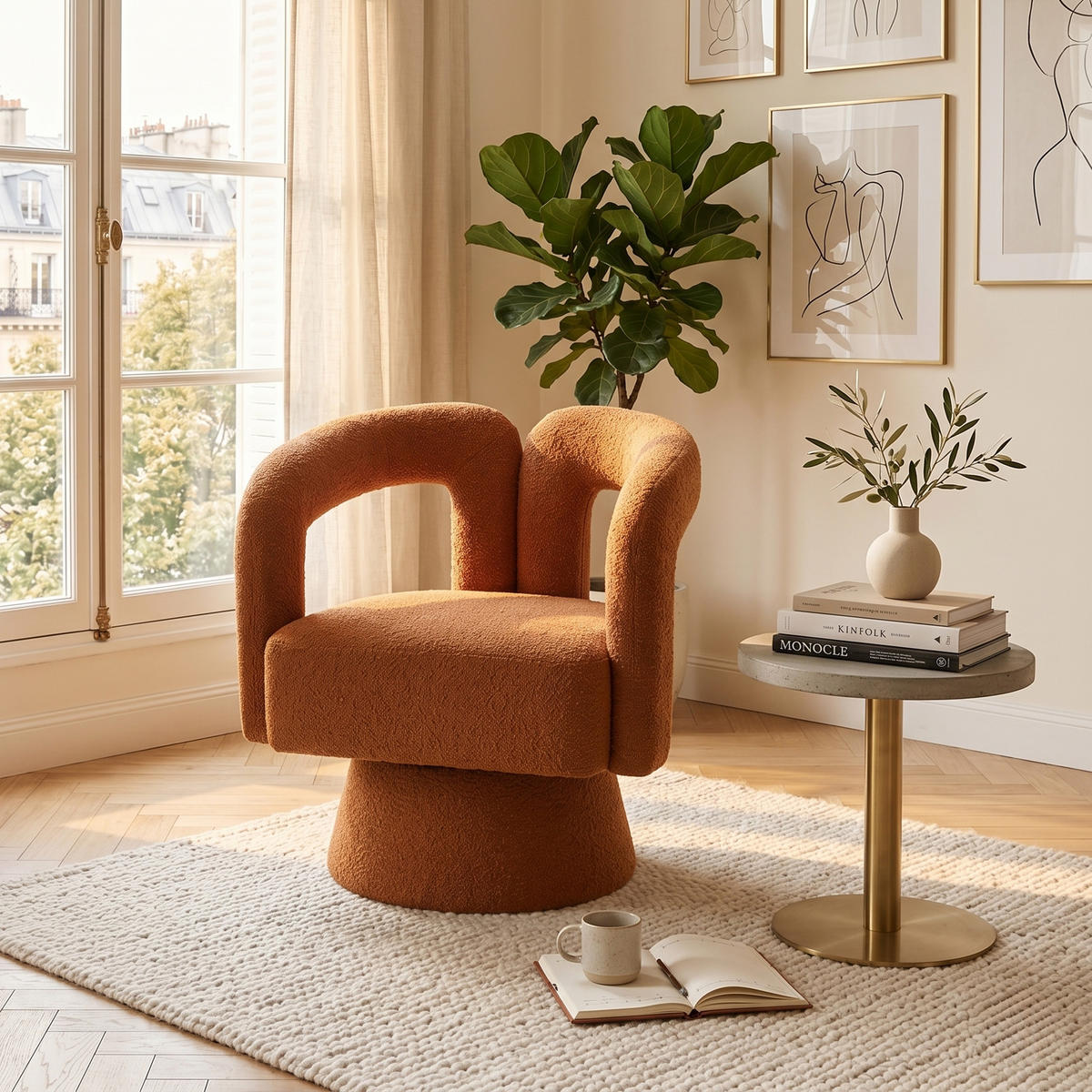 DREHSESSEL 360° Boucle Akzentstuhl Polstersessel für Wohnzimmer & Büro - Orange, Textil (67/74/55cm) - Urban Meuble