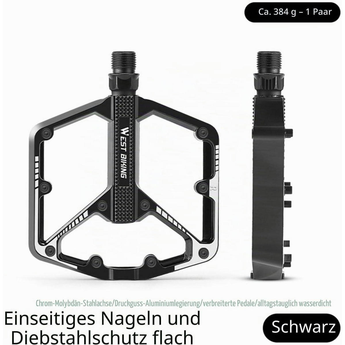 FAHRRADPEDALE Aluminiumlegierung Plattform Schwarz 3-Lager Cr-Mo Stahlachse rutschfest - Schwarz, Metall (13.2/1.5/23cm)