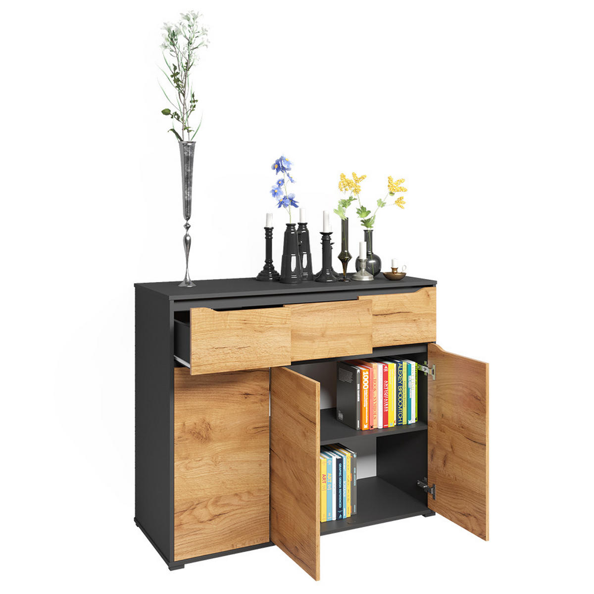 KOMMODE Ruben Goldkraft Eiche 120 x 101.6 cm mit Schubladen - Anthrazit/Eiche Wotan, Holzwerkstoff (48/101.6/120cm) - Vicco