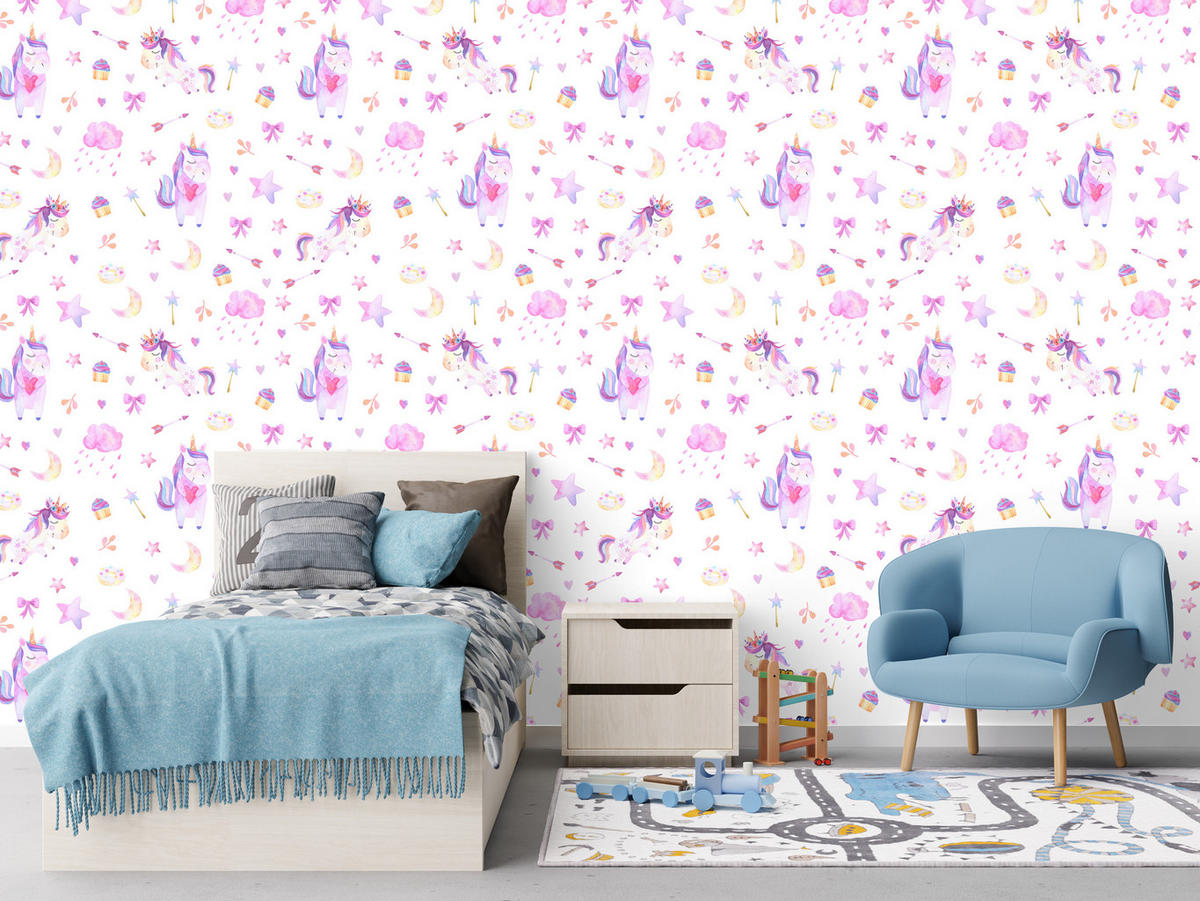 VLIESTAPETE Einhörner, Wolken und Sterne – Rosa, Lila, Weiß – 50x1000 cm - Lila/Rosa, Papier (50/1000cm) - Muralo
