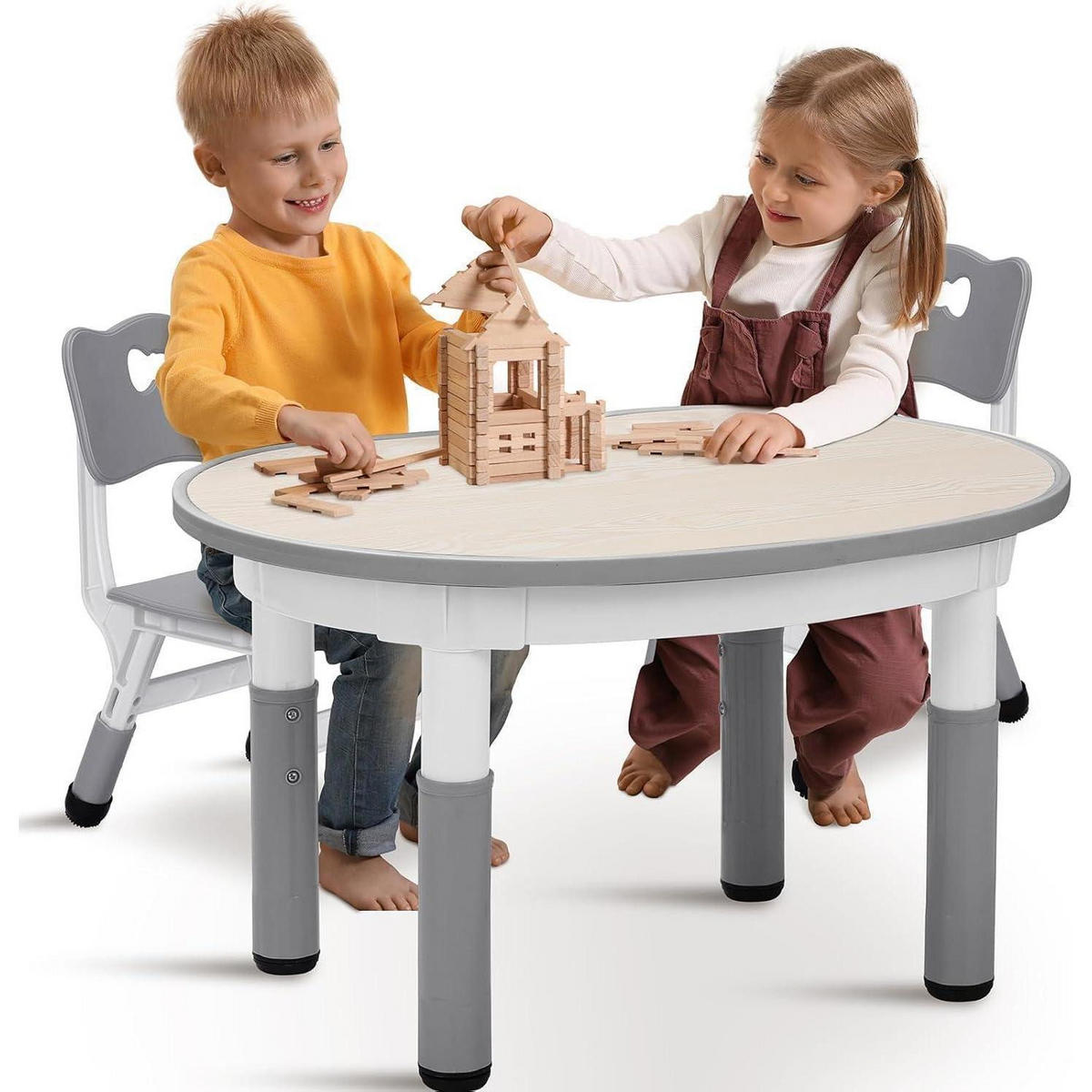 KINDERTISCH- und Stuhlset 3-teilig höhenverstellbar Grau - Multicolor, Kunststoff (60/60/80cm)