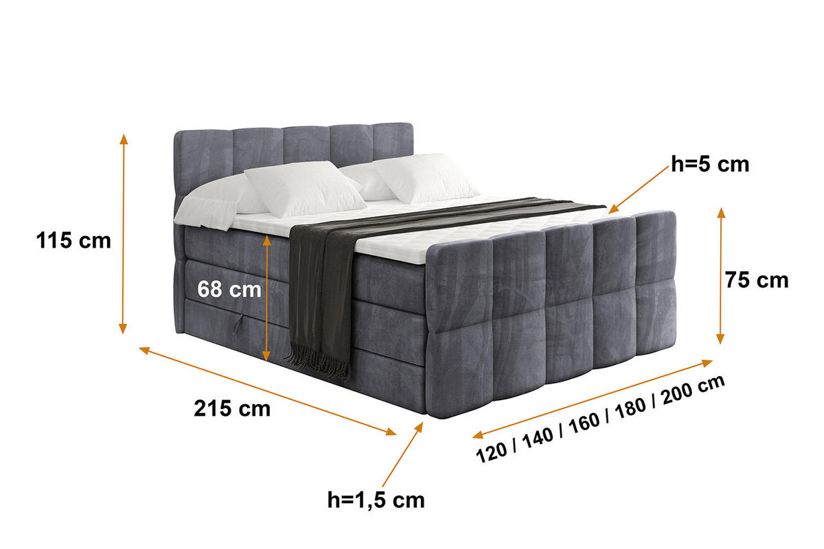 BOXSPRINGBETT mit Matratze und Lattenrost - LIRO-Z KING-120x200 - Dunkelgrau Casablanca - Dunkelgrau, Holzwerkstoff (120/200cm) - ALTDECOR