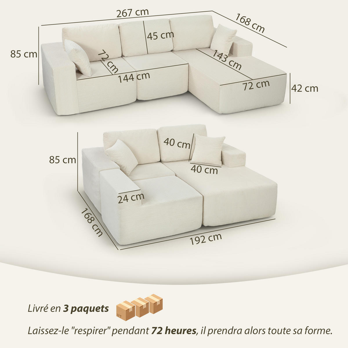 ECKSOFA DE-13510 2-in-1, verwandelbar in Sofabett Creme - Creme, Textil (168/267cm) - ComfortXL