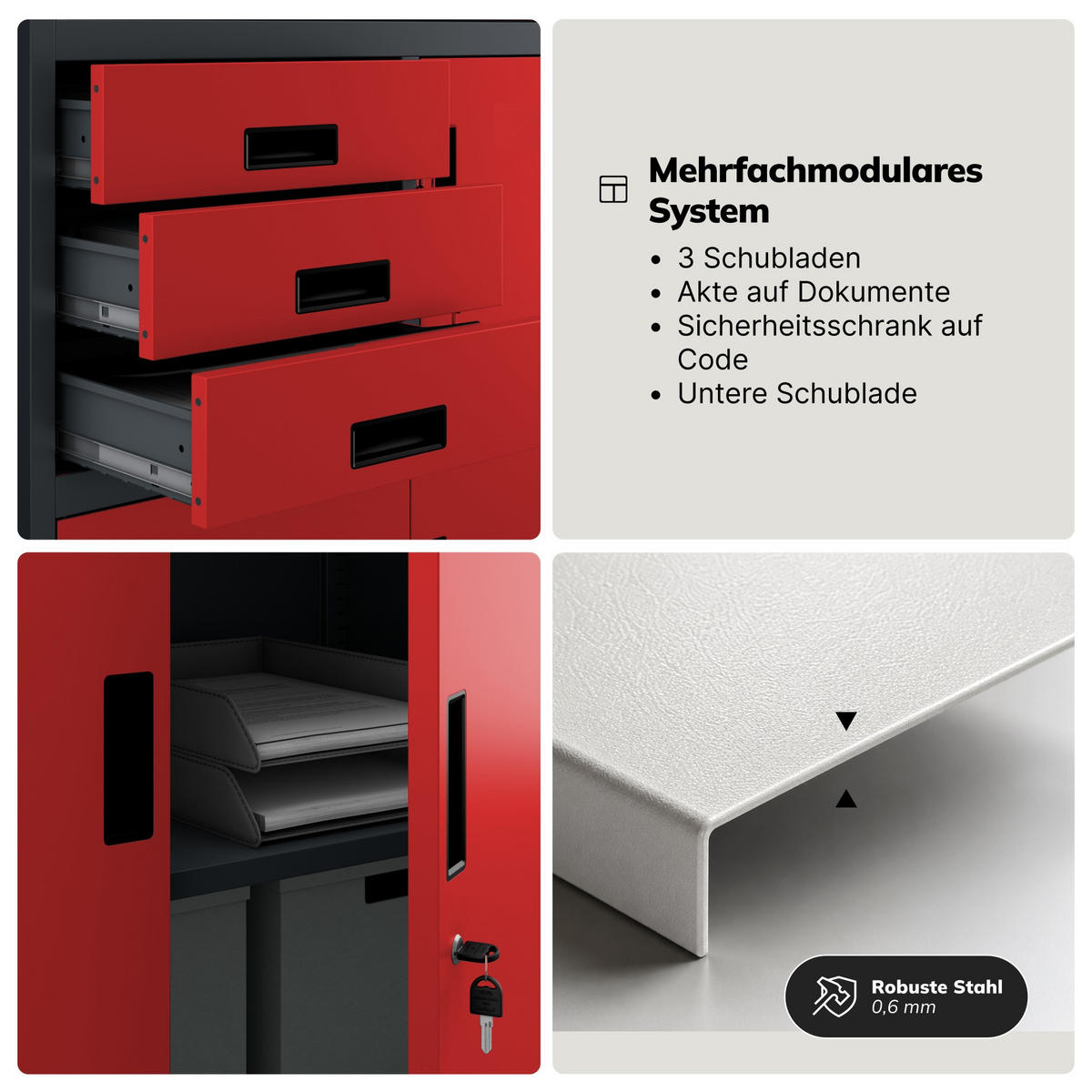 AKTENSCHRANK FILIP II 185x90x40 cm - Anthrazit/Rot, Metall (90/185/40cm) - Jan Nowak