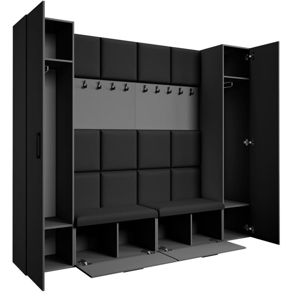 GARDEROBE Margaret XL 242/203/43 mit gepolsterten Paneelen und Schuhschrank - Schwarz/Graphitfarben, Holzwerkstoff/Kunststoff (242/203/43cm) - Beautysofa