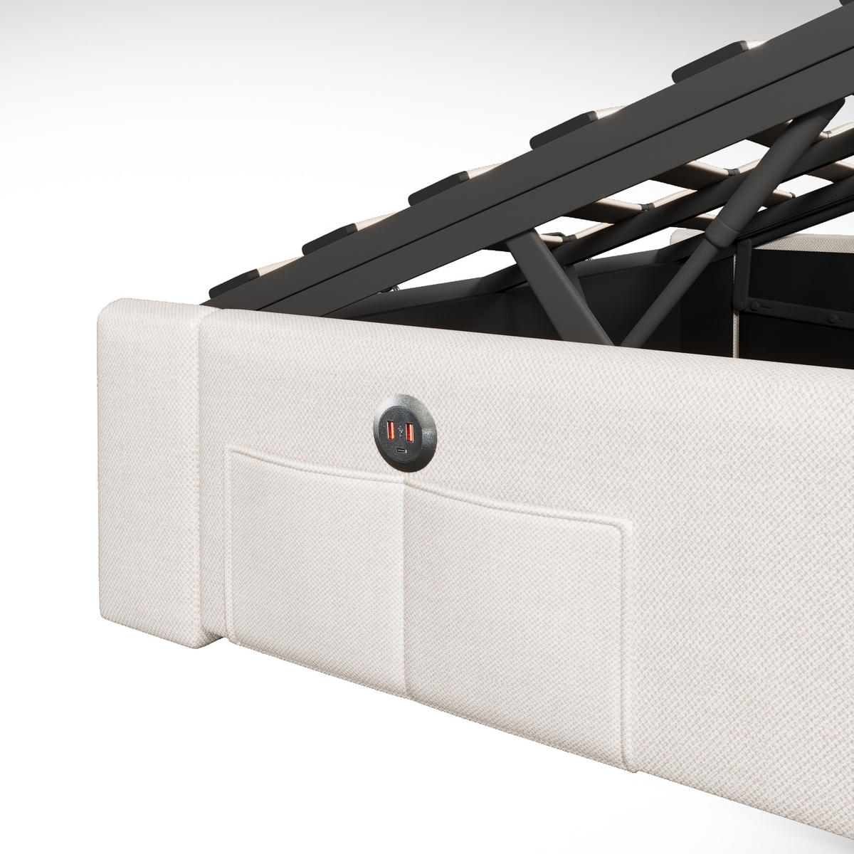 POLSTERBETT mit LED-Beleuchtung 140/200 cm mit Stauraum, USB und Typ-C - Beige, Textil (140/200cm) - BEAOK