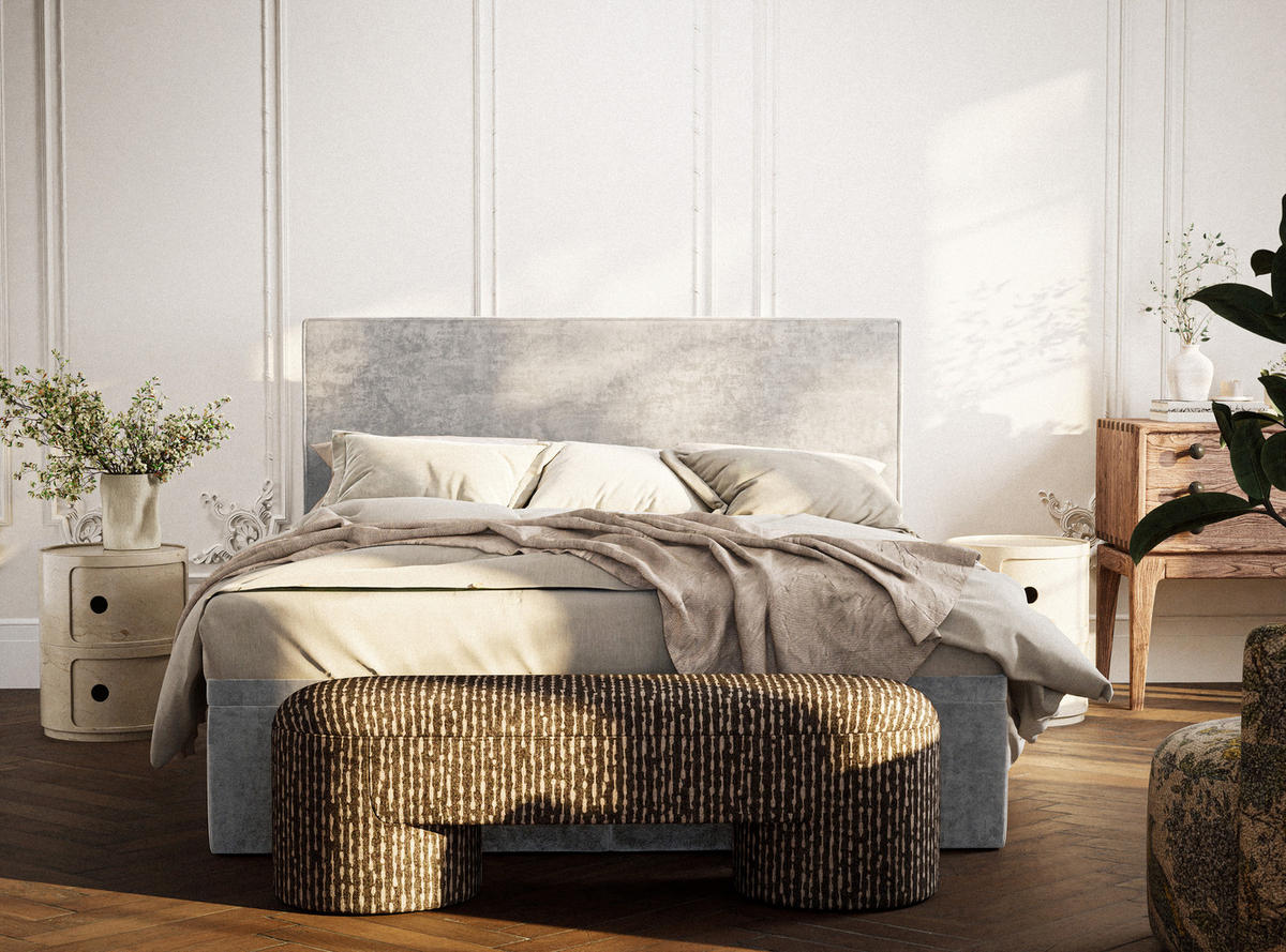 BOXBETT 140/200 cm Tegal, in Beige, Matratze, gepolstertes Kopfteil, Bettkasten, H3 = fest - Beige/Schwarz, Holz/Holzwerkstoff (140/200cm) - Maison de Reve