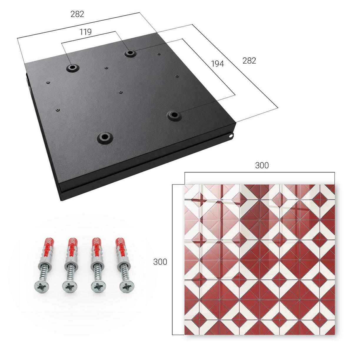 SCHLÜSSELBOX Schwarz 30x30 cm- Türöffnung nach rechts - Rotes Mosaik - Rot, Metall (30/30/5cm) - TULUP