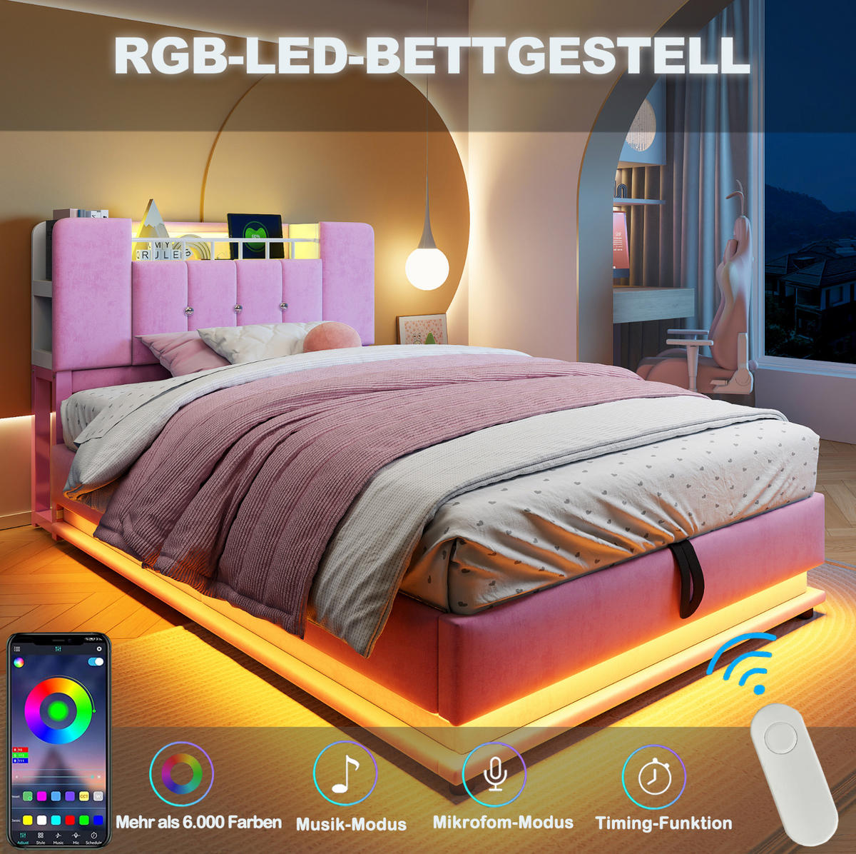 KINDERBETT mit LED, USB und Stauraum 90x200 cm Rosa - Pink, Metall (90/200cm) - Meubliv