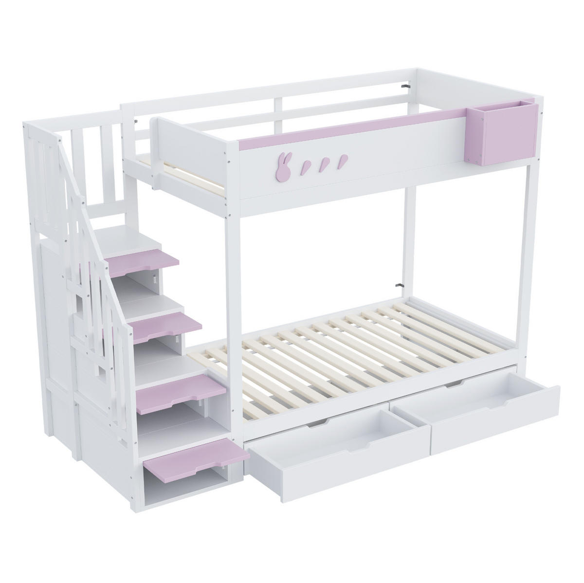 ETAGENBETT 90/200 cm mit Kaninchen und Karottenmotiven und abnehmbarem Ablagefach - Weiß, Holz (90/200cm) - OKWISH